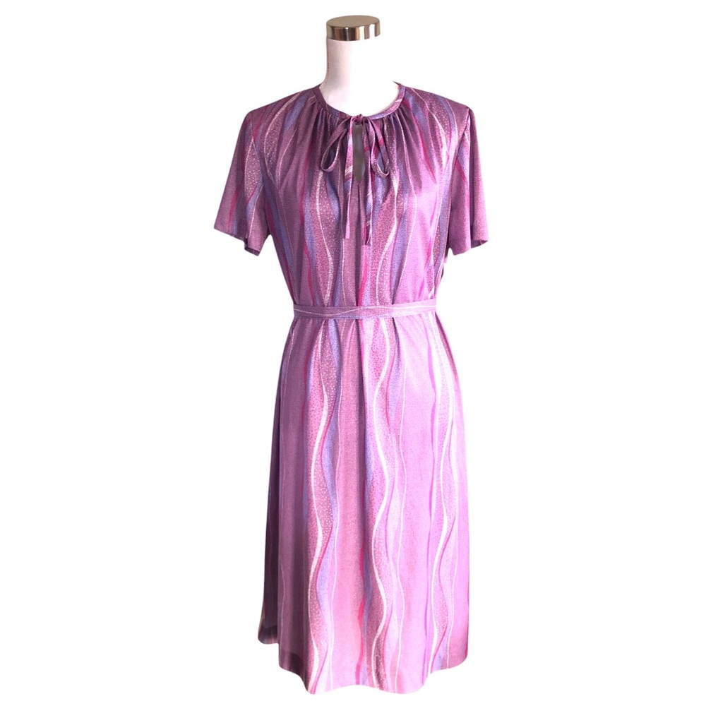 VINTAGE 70s Three R's NOS Purple Abstract Print Tie Neck Belted Midi Dress XL
